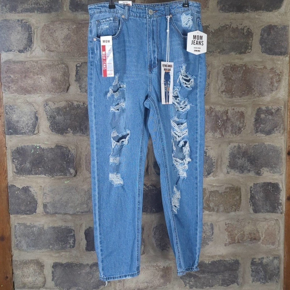 NEW Flying Angel High Rise GOGO Distressed Mom Jeans Woman's Size‎ 13/14 Light